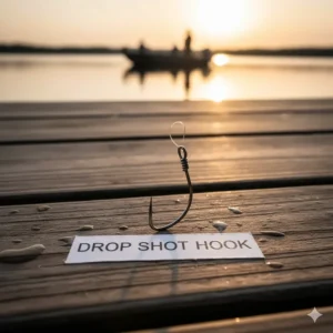 Small, fine-wire drop shot hook used for nose-hooking small soft plastics on a drop shot rig, ensuring natural lure action and effective finesse bass fishing.