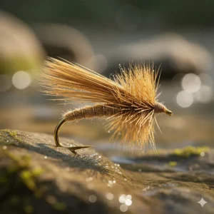 A detailed image of the Elk Hair Caddis dry fly, perfect for matching caddis hatches.