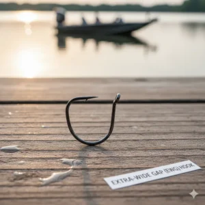 An illustration of an Extra-Wide Gap (EWG) hook, perfect for rigging bulky soft plastic lures like fat worms and creature baits for maximum hook-set potential.