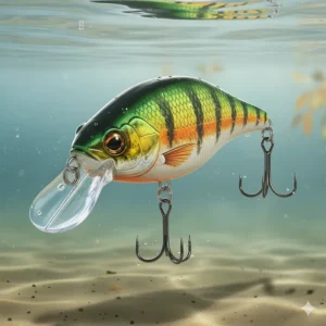 A detailed close-up of a deep-diving crankbait lure, showcasing its design and colors perfect for fall bass fishing.