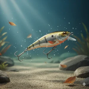 A photorealistic image of a jerkbait suspended in water, showing its erratic action that mimics a wounded baitfish.