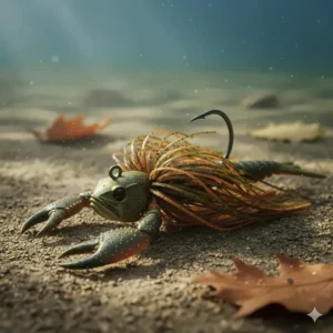 A high-detail image of a football jig with a flared skirt, designed to imitate crayfish and other forage for autumn bass.