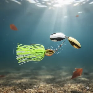 A clear view of a spinnerbait with its shiny blades and skirt, highlighting its use for attracting bass in murky fall water.