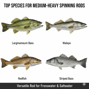A collage of common fish species, such as bass, walleye, and redfish, that are perfectly suited for targeting with a medium-heavy spinning rod.