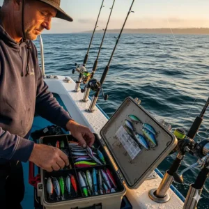 A fisherman on a boat using a tackle storage box to select the right lure for saltwater fishing.