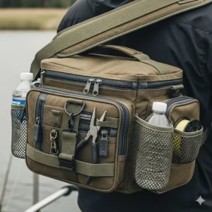 An over-the-shoulder fishing gear bag with multiple zippered pockets and external pouches for organizing fishing essentials.