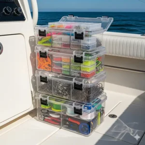 A stackable system of clear, plastic tackle storage boxes, ideal for keeping different types of fishing gear separated and easily accessible on a boat.