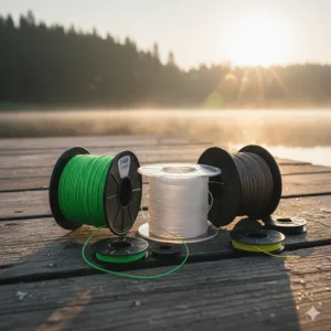 Spools of braided and fluorocarbon fishing line, essential gear to connect the angler with the largemouth bass.