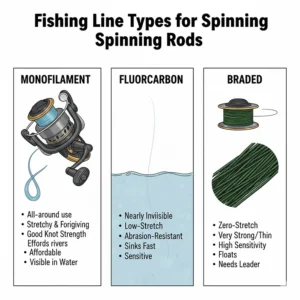 A visual guide comparing monofilament, fluorocarbon, and braided fishing lines, explaining the pros and cons of each for use with spinning rods while targeting trout.