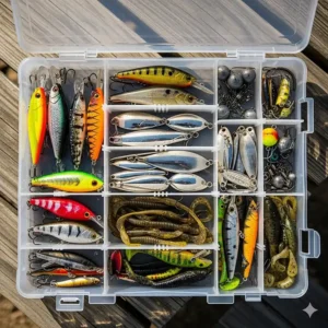 An overhead view of various fishing lures neatly organized inside a clear plastic lure box.