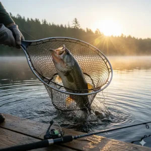 A wide, rubberized landing net being used to safely secure a large largemouth bass, a key piece of fishing gear.