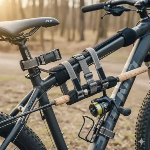 A detailed image of an adjustable strap system on a fishing rod holder, designed to fit various bike frame sizes and rod diameters.