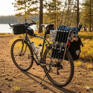 A single bike with a specialized fishing rod holder designed to securely carry multiple fishing rods at once.