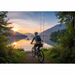 A cyclist is shown biking to a lake, with a fishing rod holder on their bike, emphasizing the convenience for fishing trips.