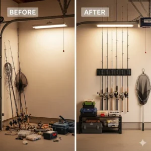 A before-and-after image showing how a wall mount fishing pole holder can transform a cluttered garage into an organized space for fishing gear.