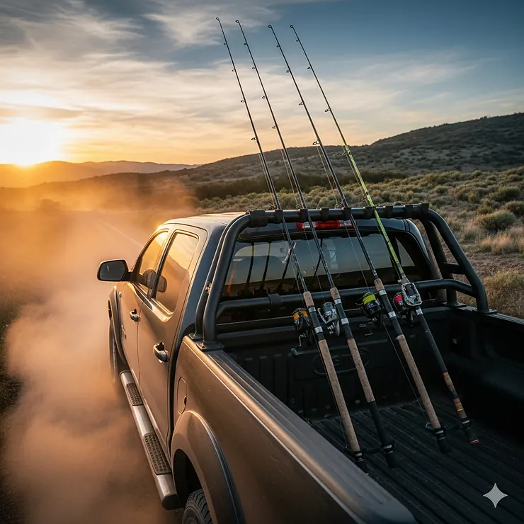 A durable, black fishing rod rack mounted on the back window of a pickup truck, securely holding multiple fishing rods while the truck drives down a dirt road. fishing rod racks for trucks