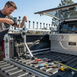 A step-by-step image showing the installation process of a fishing rod rack on a truck, highlighting the tools needed and key steps.