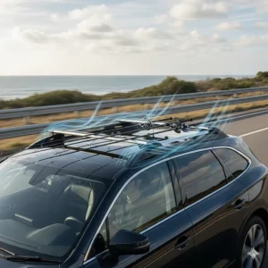 A side-view of an aerodynamic fishing rod roof rack, demonstrating how it reduces wind noise and drag.