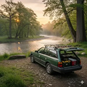 A car with a fishing rod roof rack parked by a scenic river, ready for a day of fishing.