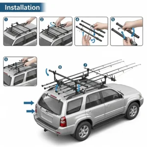 An easy-to-follow diagram showing the step-by-step installation process of a fishing rod roof rack on a vehicle.