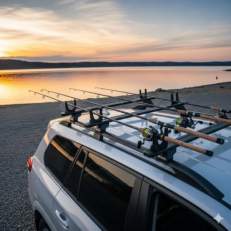 Fishing rod roof rack mounted on a car, securely holding multiple fishing rods for transport.