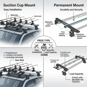 An infographic showing different types of fishing rod roof racks, including suction cup and permanent mount styles.