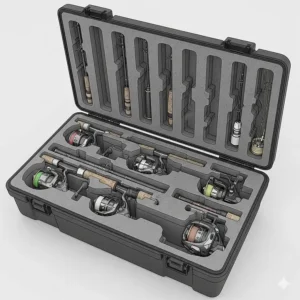 An illustration showing the interior of a fishing rod storage box with padded foam inserts and dedicated slots designed to safely secure and separate multiple fishing rods and reels.