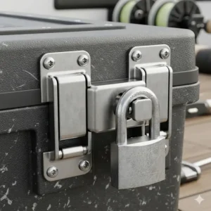 A detailed close-up illustration of a heavy-duty, rust-proof latch on a fishing rod storage box, emphasizing its secure locking mechanism to protect valuable gear.