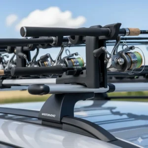 A close-up view of fishing rods securely fastened in a fishing rod roof rack system.