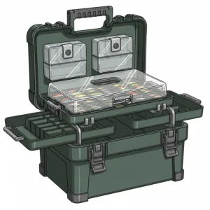 An illustration of a sturdy, multi-level fishing tackle box with adjustable dividers, ideal for organizing and protecting bait and other gear.