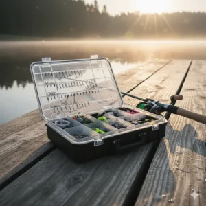 An open fishing tackle box organized with hooks, weights, and small tools—all crucial accessories for largemouth bass gear.
