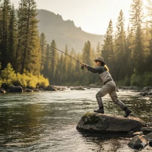An angler gracefully casting their fly fishing rod on a scenic river, demonstrating the action and feel of a quality rod.
