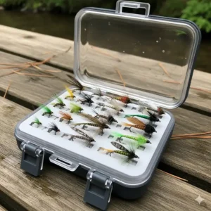 A small, waterproof fly fishing organizer box with various hand-tied flies neatly slotted into foam inserts.