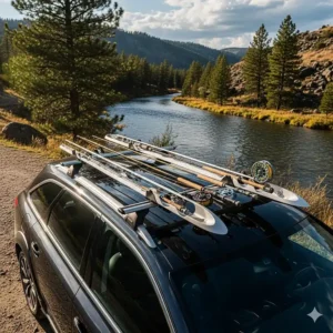 A high-angle shot of a car with a streamlined fly fishing rod car carrier mounted on its roof, designed specifically for delicate fly rods.