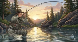 A fly fishing enthusiast casting a line with a specialized fly trout fishing rod on a scenic river, showcasing the technique for targeting trout.