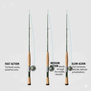 A diagram illustrating the different "actions" of fly fishing rods, such as fast, medium, and slow, explaining how the rod bends.