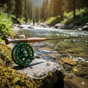 A fly rod and reel combo resting against a large rock beside a flowing stream, waiting for the perfect moment to cast to a rising trout.