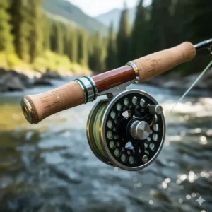 A clear illustration showing the handle, reel seat, and cork grip of a fly fishing rod, highlighting the key components.
