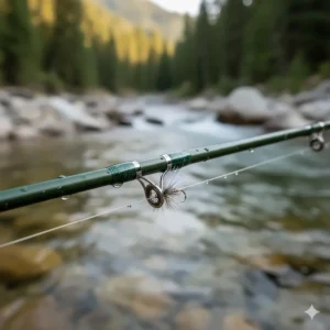 A detailed view of the delicate tip section and guide on a high-performance trout fly fishing rod.
