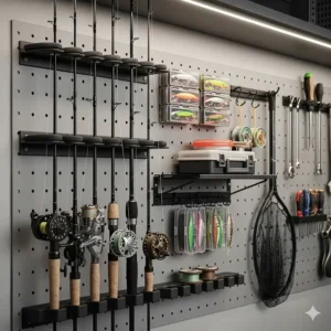 A detailed view of a garage fishing rod organizer system, showing how it securely holds rods, reels, and other fishing gear.