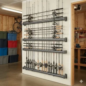 A visual representation of a wall-mounted fishing rod rack installed in a garage to maximize storage space.