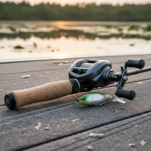 A close-up shot of a high-quality fishing pole's handle and reel seat, with a bass fishing lure tied to the line, resting on the deck of a boat. The image highlights the ergonomic design of a good fishing pole for bass.