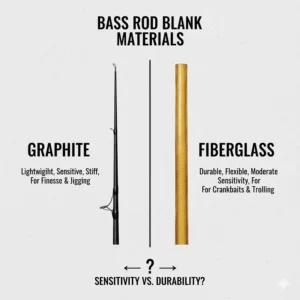 An illustration contrasting the properties of graphite and fiberglass rod blanks, helping anglers decide which material is best for sensitivity or durability when bass fishing.
