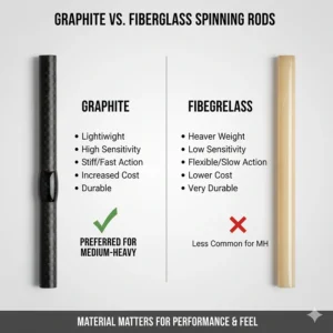 A side-by-side comparison of graphite and fiberglass materials, explaining why graphite is often the preferred choice for a lightweight and sensitive medium-heavy spinning rod.