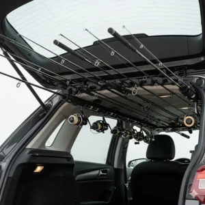 A hatchback fishing rod rack is installed inside the rear of a hatchback car, providing a secure and discreet way to transport gear.