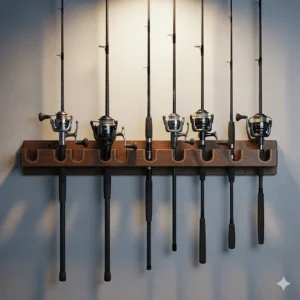 A sleek, minimalist horizontal fishing rod rack mounted on a wall, showcasing a space-saving way to store multiple rods.