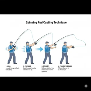 A visual guide demonstrating the step-by-step motion for casting a lightweight lure with a spinning rod, highlighting the wrist and arm movements.