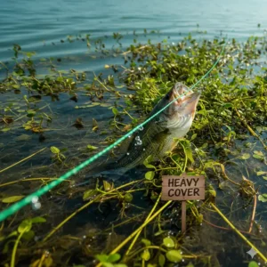 A largemouth bass being pulled from thick lily pads on heavy-duty braided line, demonstrating its use in heavy cover.
