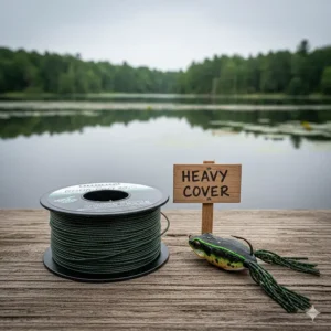 Spool of braided fishing line next to a bass lure, highlighting the best choice for strength and heavy cover bass techniques.