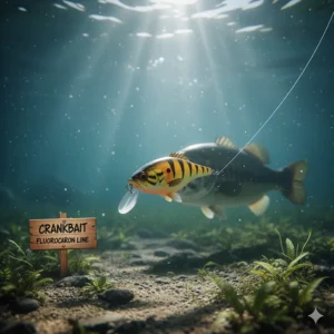 Deep-diving crankbait tied to fluorocarbon line, illustrating the low-stretch choice for deep-water bass fishing.